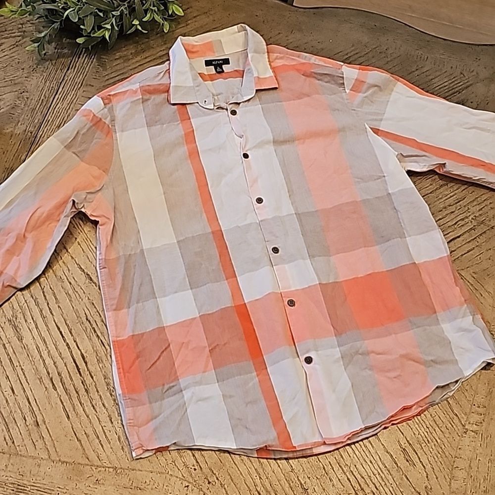 Alfani gray orange plaid button down shirt XL 100% cotton